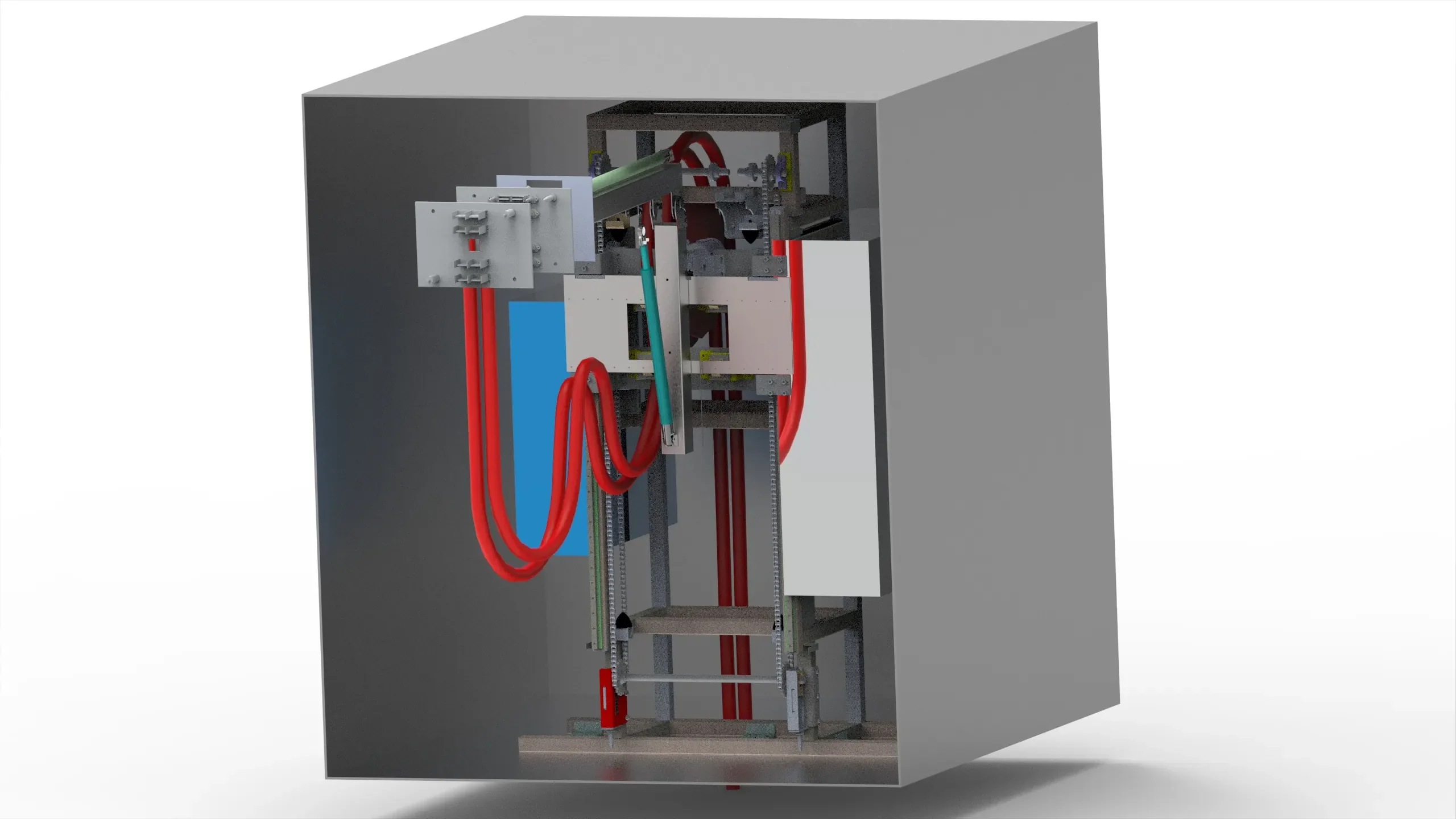 REGBES autonomous charging interface — containerised unit internal render showing robotic arm, cable management, and power electronics